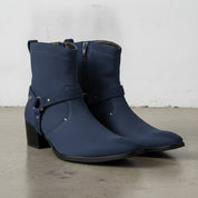 Men's Navy Blue Plain-Toe Suede Harness Boots