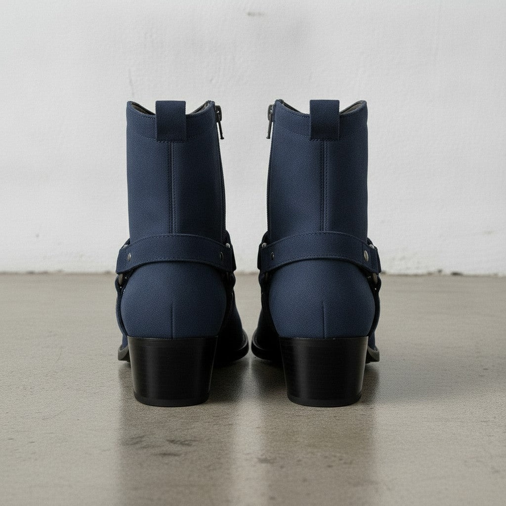 Men's Navy Blue Plain-Toe Suede Harness Boots