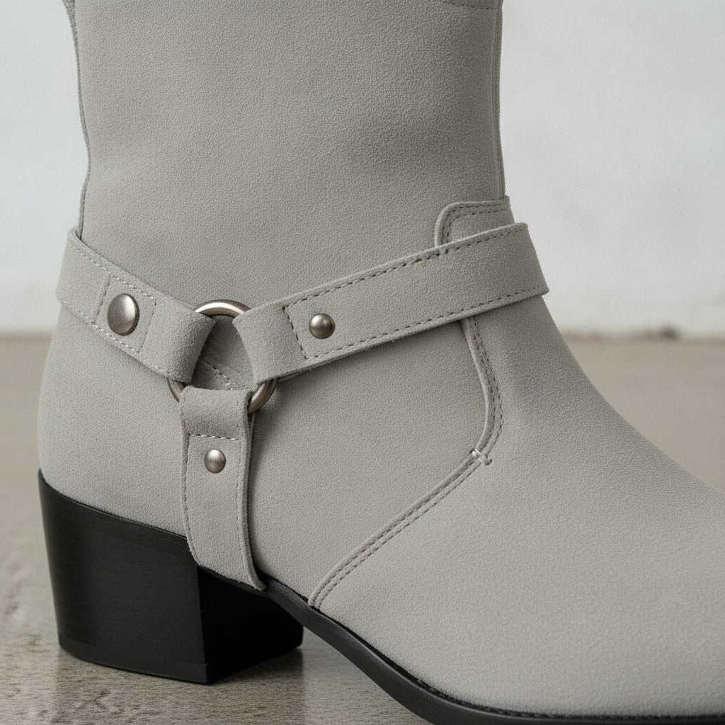 Men's Light Gray Plain-Toe Suede Harness Boots