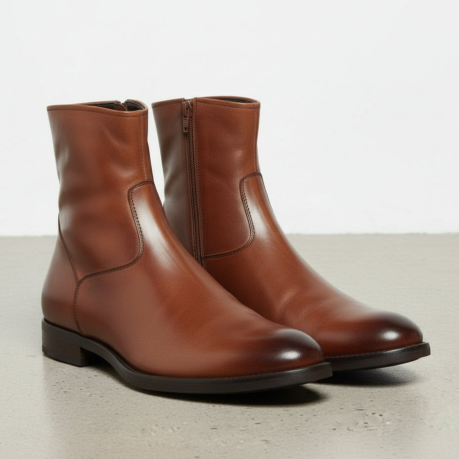 Men's Brown Plain-Toe Leather Ankle Biker Boots