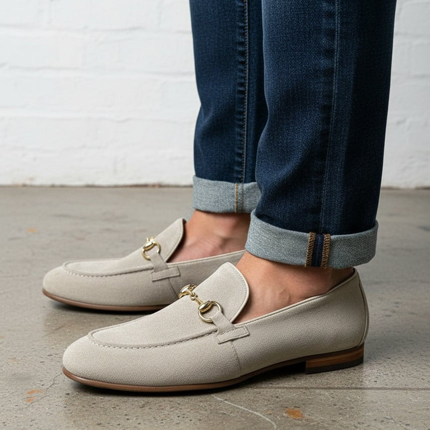 Men's Light Grey Apron-Toe Suede Bit Loafers