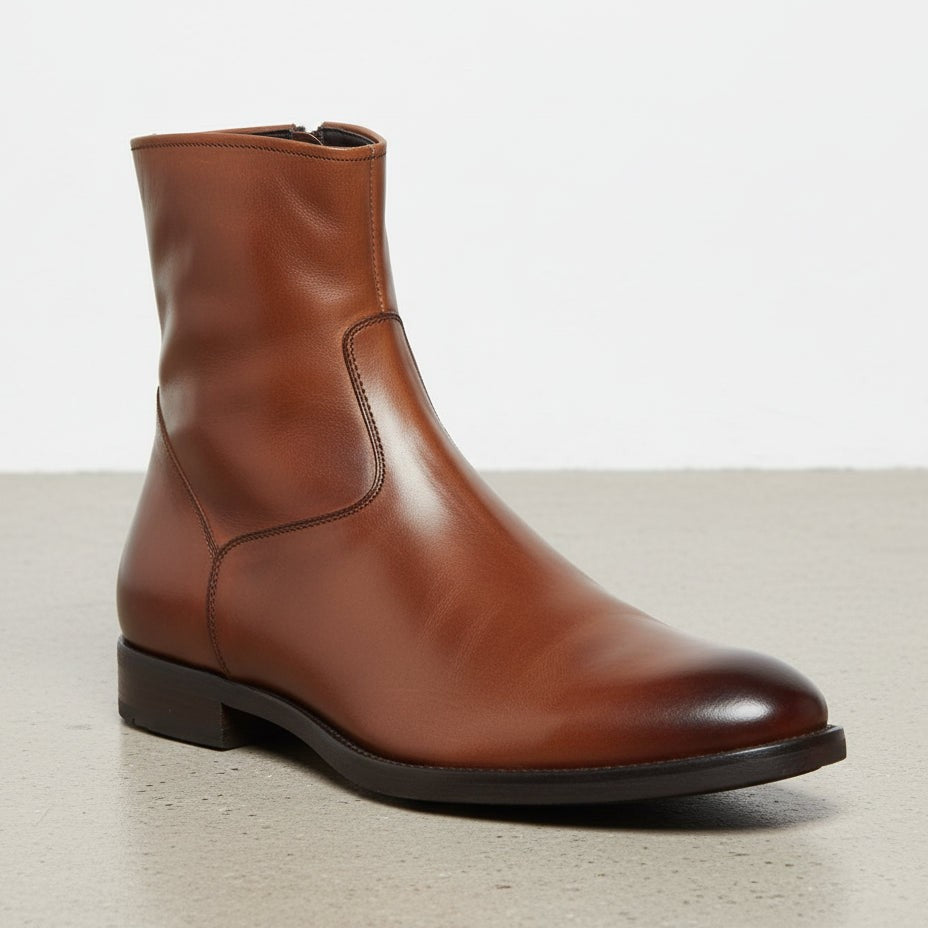 Men's Brown Plain-Toe Leather Ankle Biker Boots
