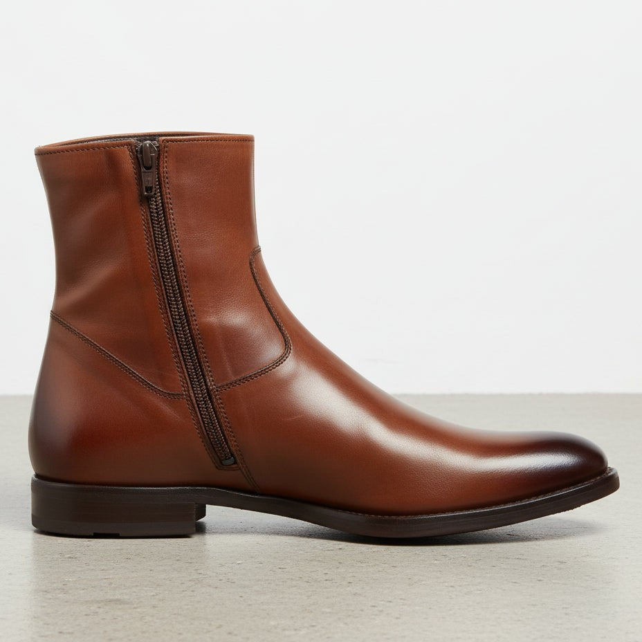 Men's Brown Plain-Toe Leather Ankle Biker Boots