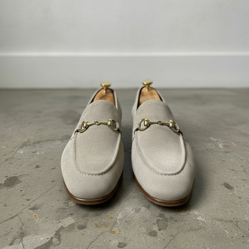 Men's Light Grey Apron-Toe Suede Bit Loafers
