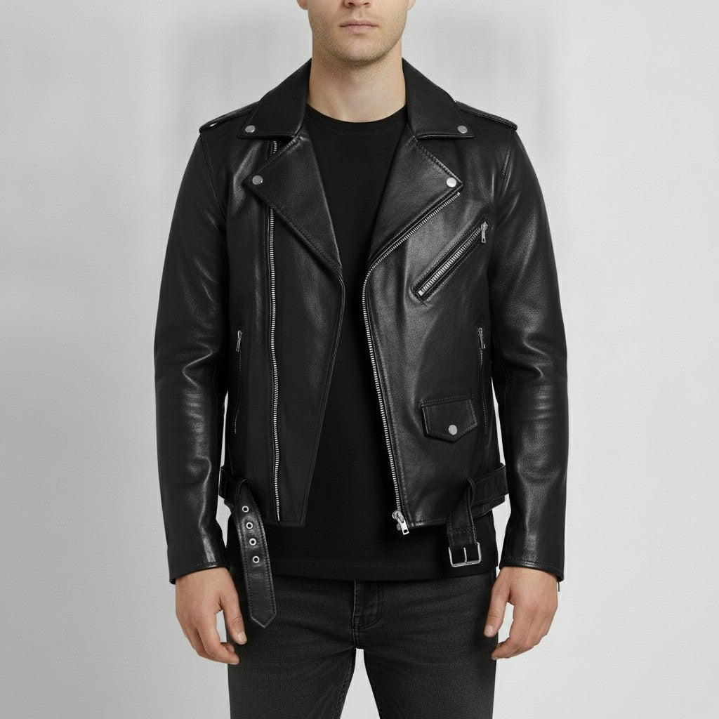 Men's Black Belted Leather Biker Jacket