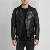 Men's Black Belted Leather Biker Jacket