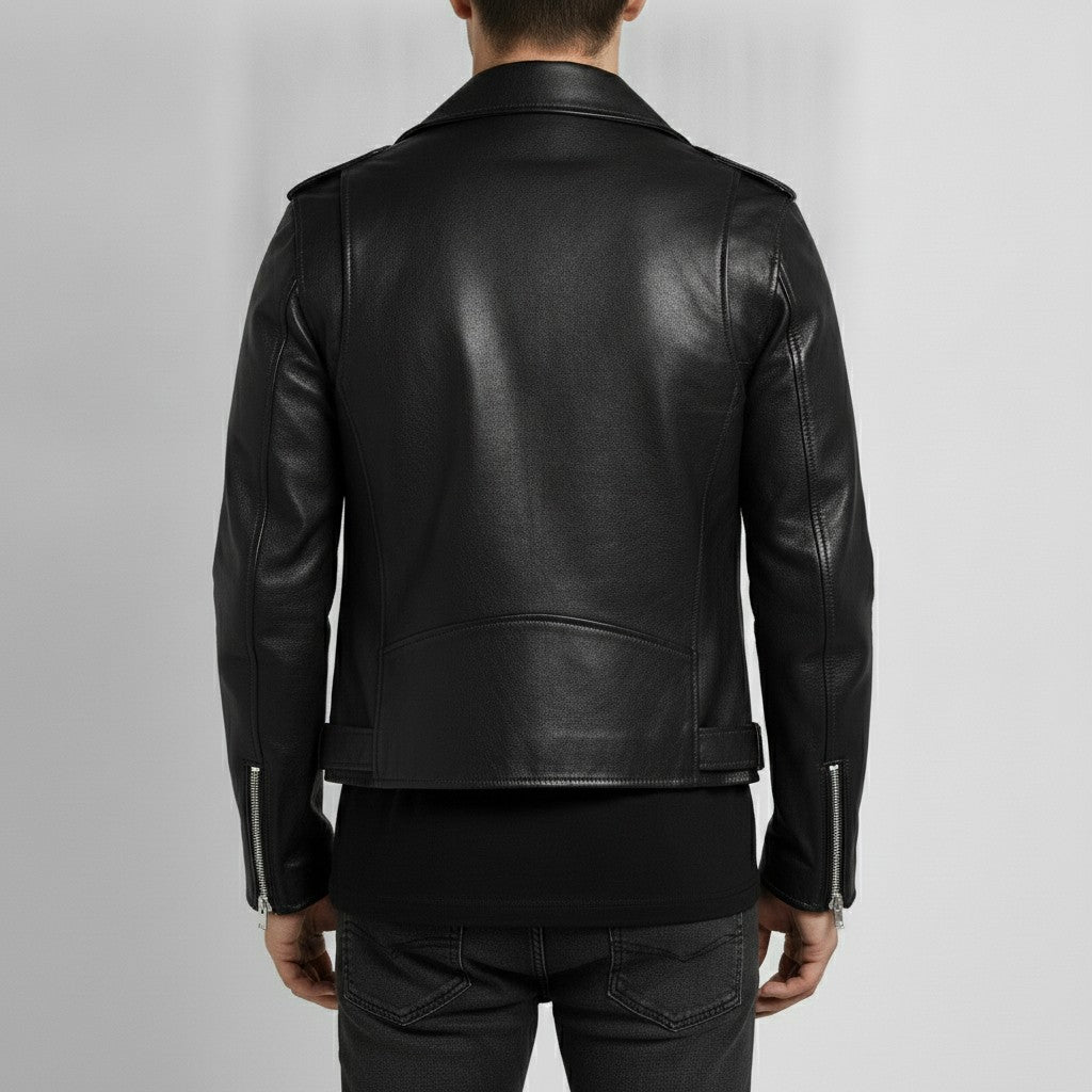 Men's Black Belted Leather Biker Jacket