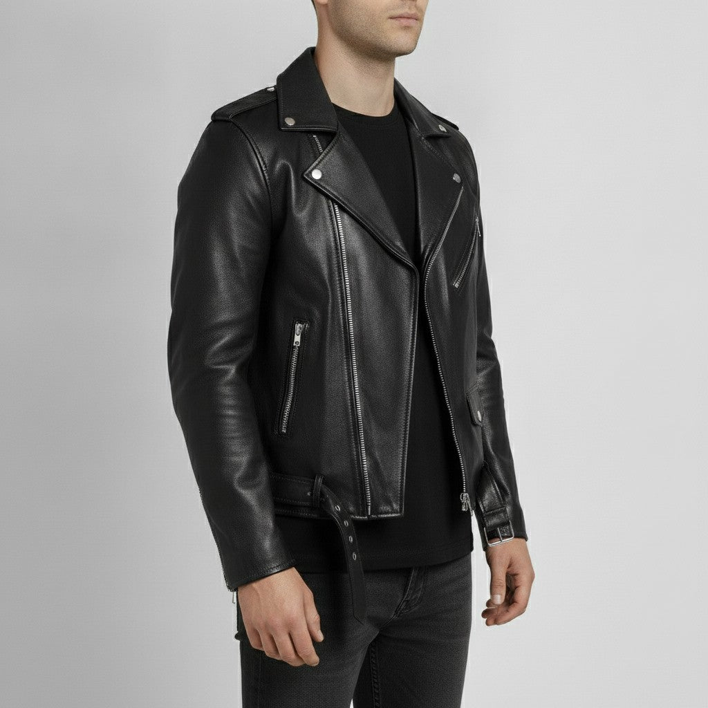 Men's Black Belted Leather Biker Jacket