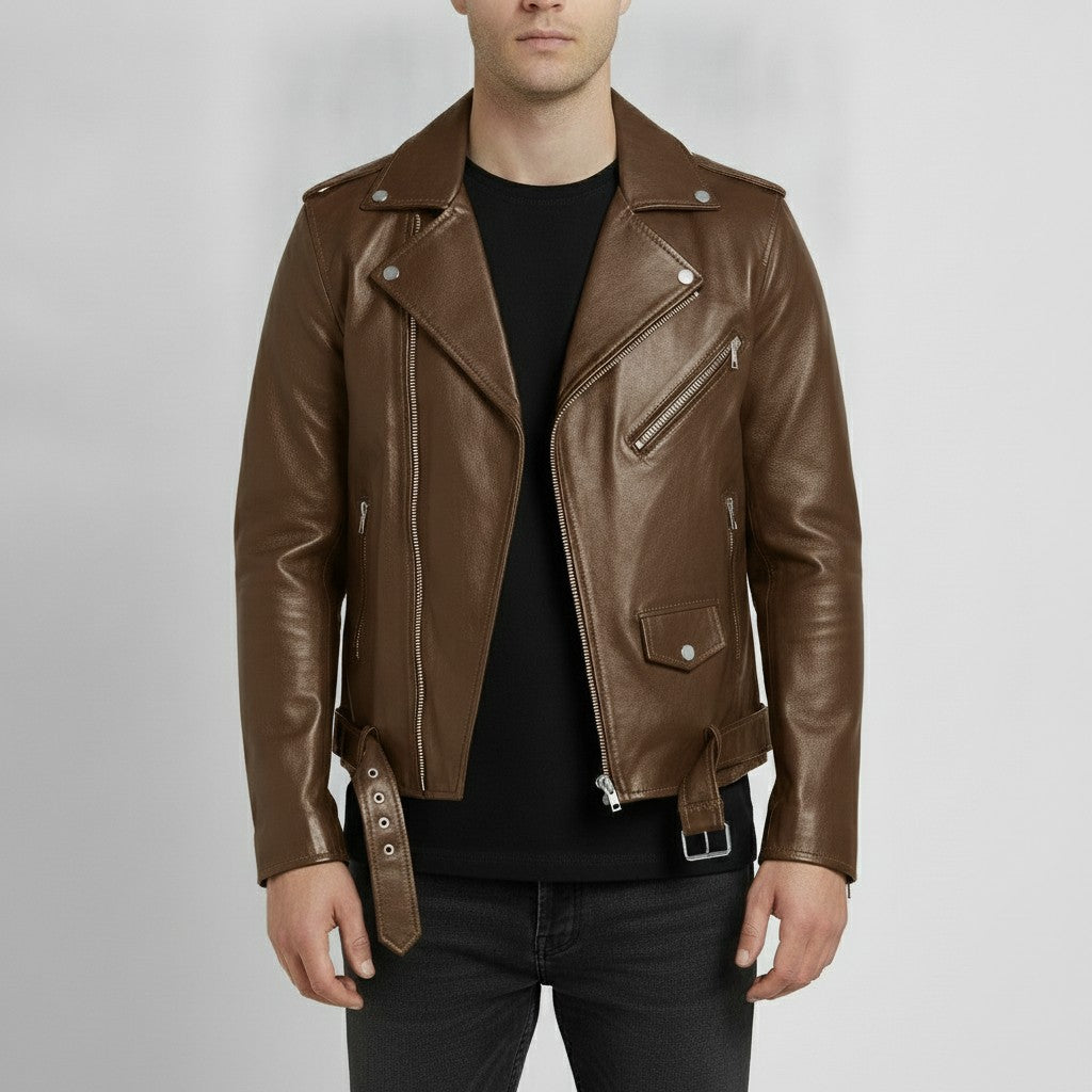 Men's Brown Belted Leather Biker Jacket