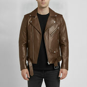 Men's Brown Belted Leather Biker Jacket