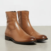 Men's Tan Plain-Toe Leather Ankle Biker Boots