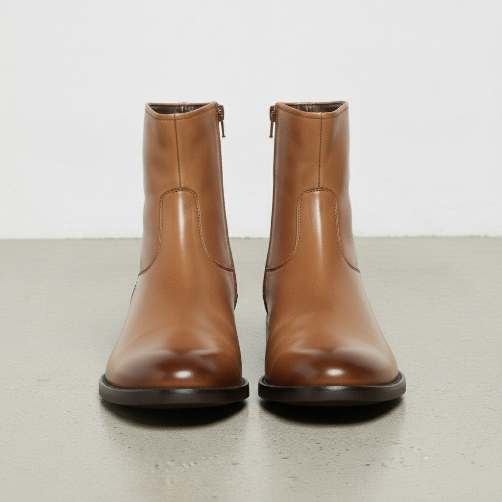 Men's Tan Plain-Toe Leather Ankle Biker Boots
