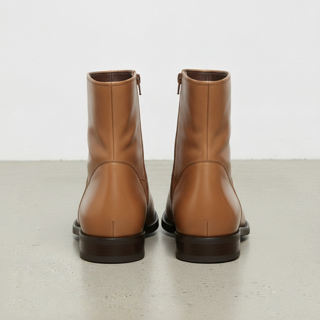 Men's Tan Plain-Toe Leather Ankle Biker Boots