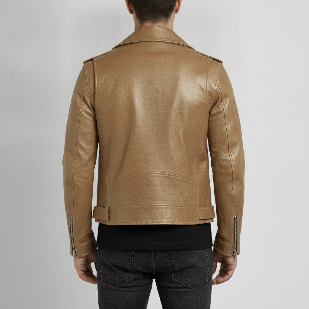 Men's Tan Belted Leather Biker Jacket