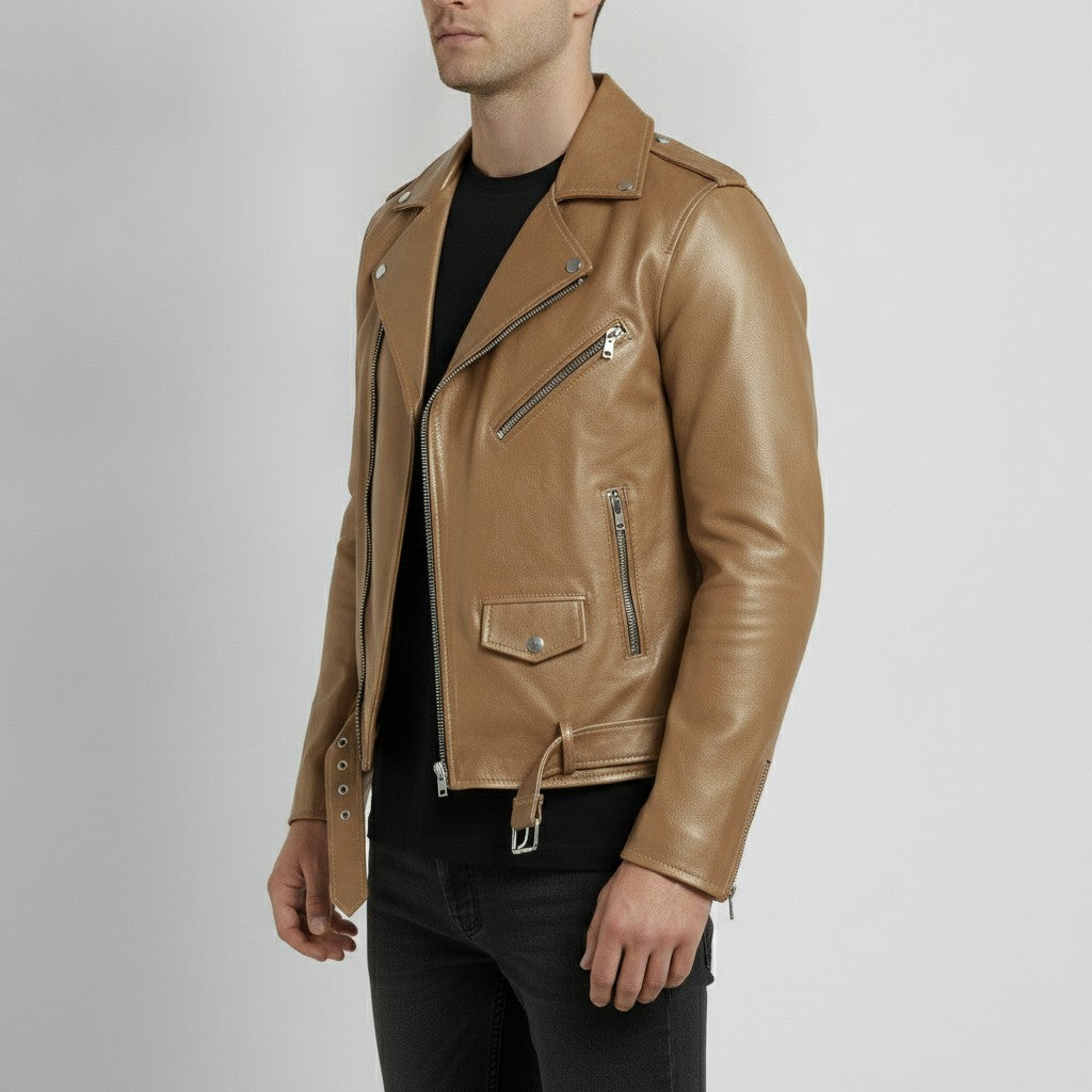 Men's Tan Belted Leather Biker Jacket