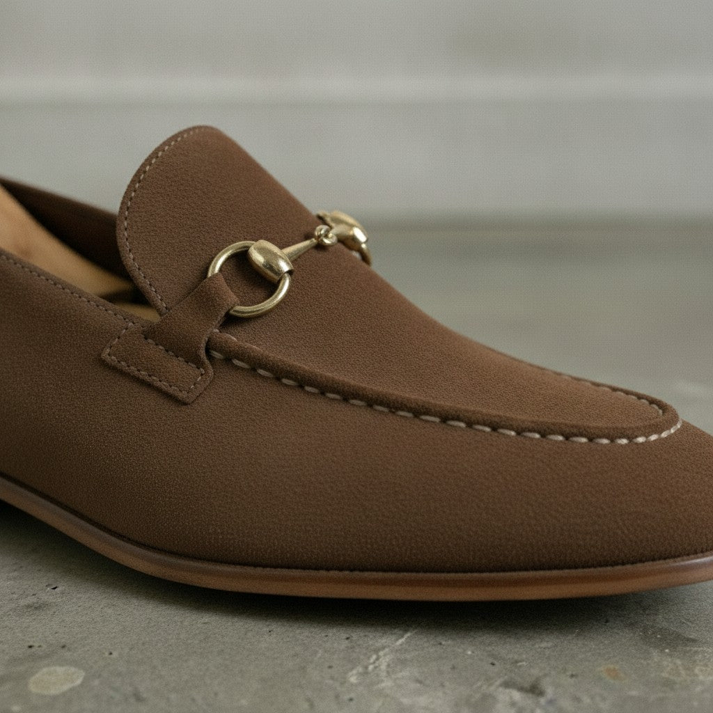 Men's Brown Apron-Toe Suede Bit Loafers