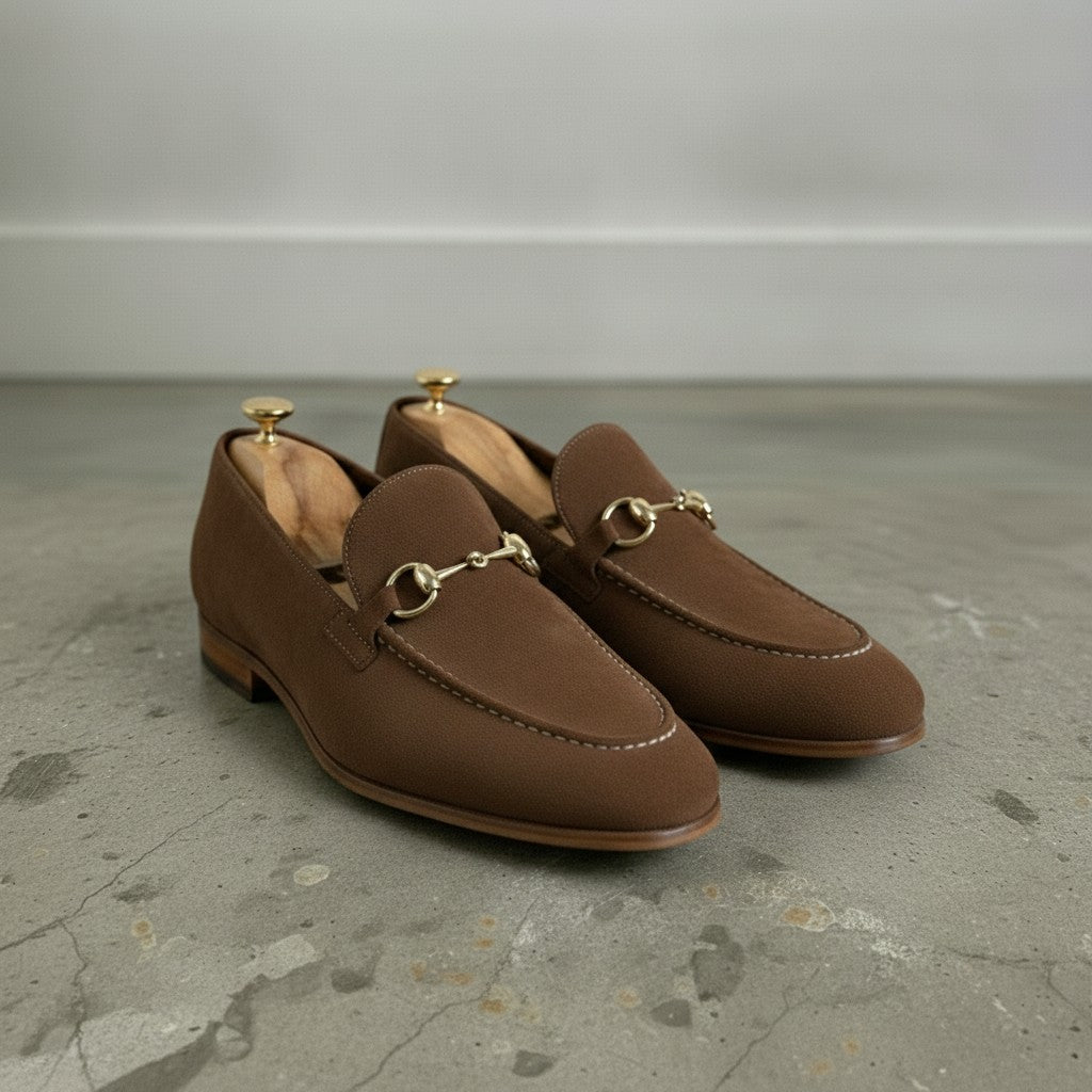 Men's Brown Apron-Toe Suede Bit Loafers
