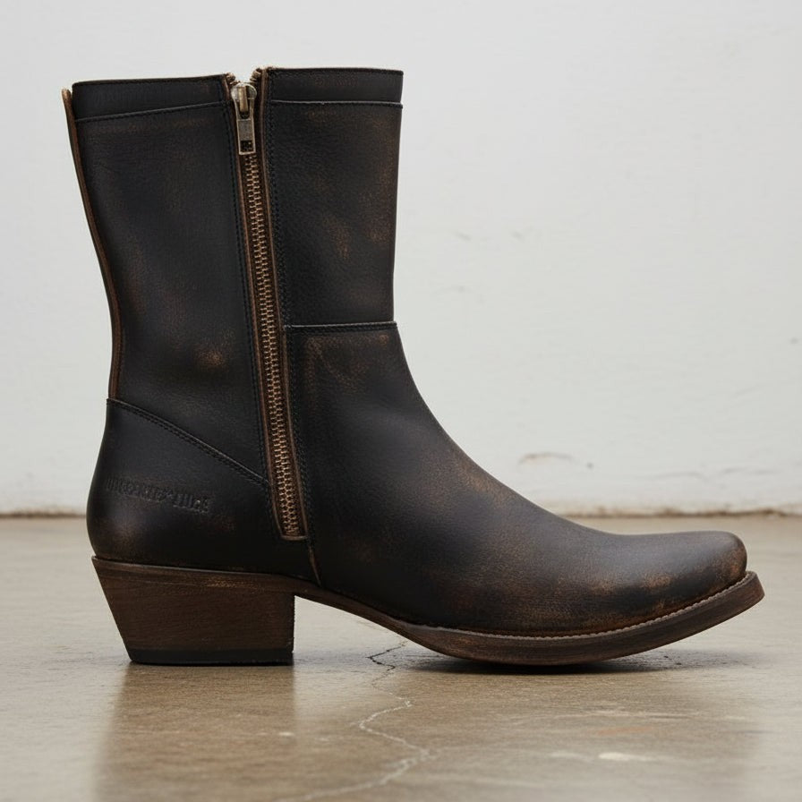 Men's Dark Brown Plain-Toe Leather Biker Boots — Nicolson — Nicolson