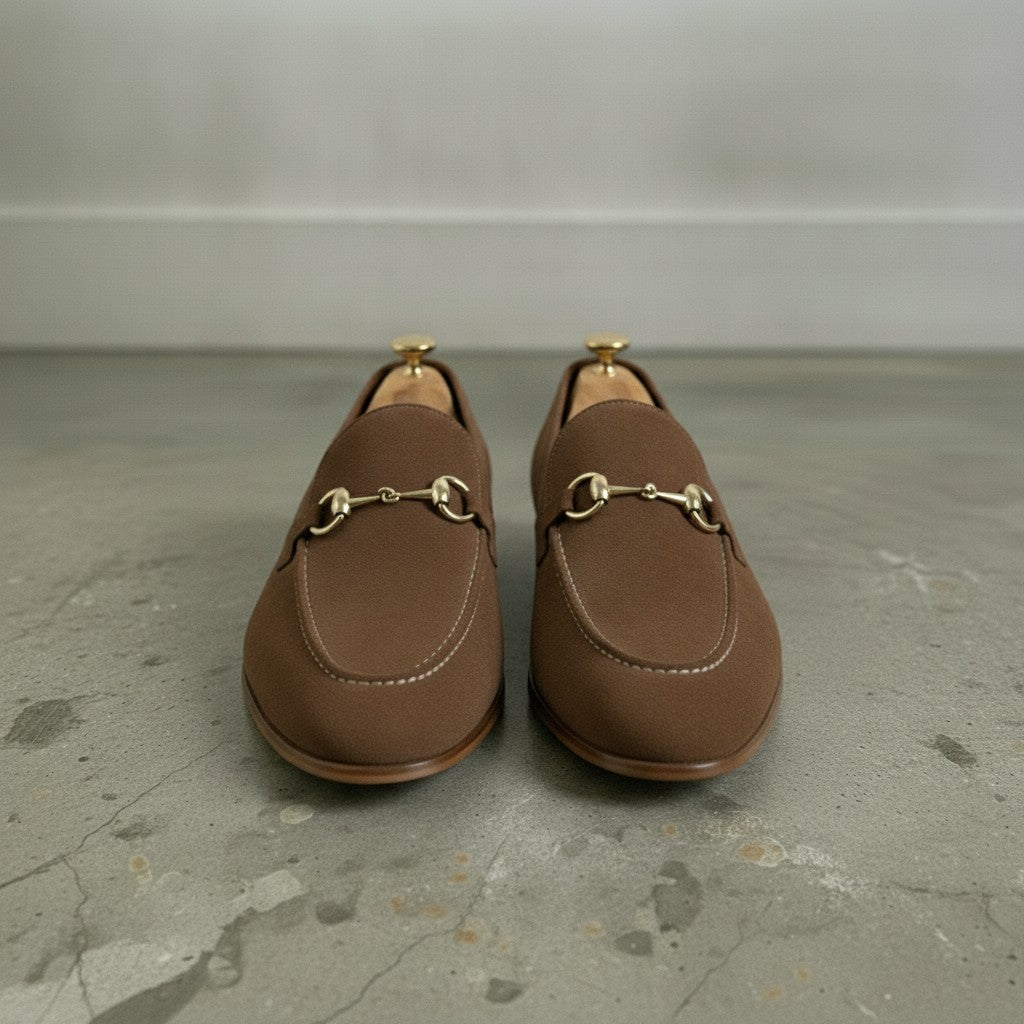 Men's Brown Apron-Toe Suede Bit Loafers