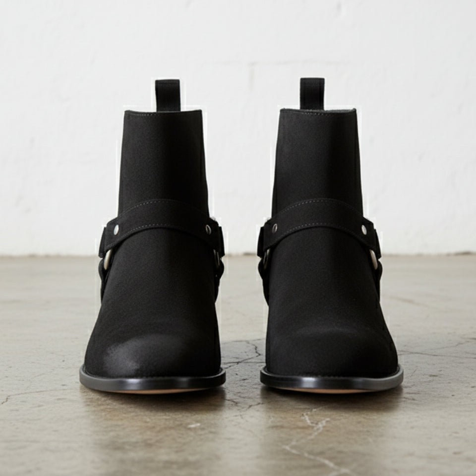 Men's Black Plain-Toe Suede Biker Boots