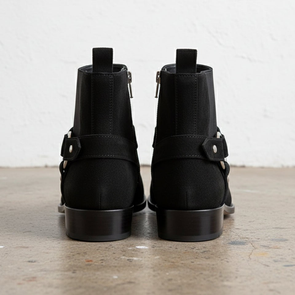 Men's Black Plain-Toe Suede Biker Boots