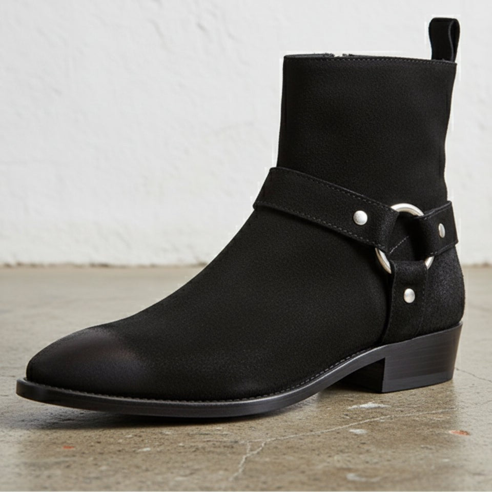 Men's Black Plain-Toe Suede Biker Boots