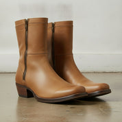 Men's Tan Plain-Toe Leather Biker Boots