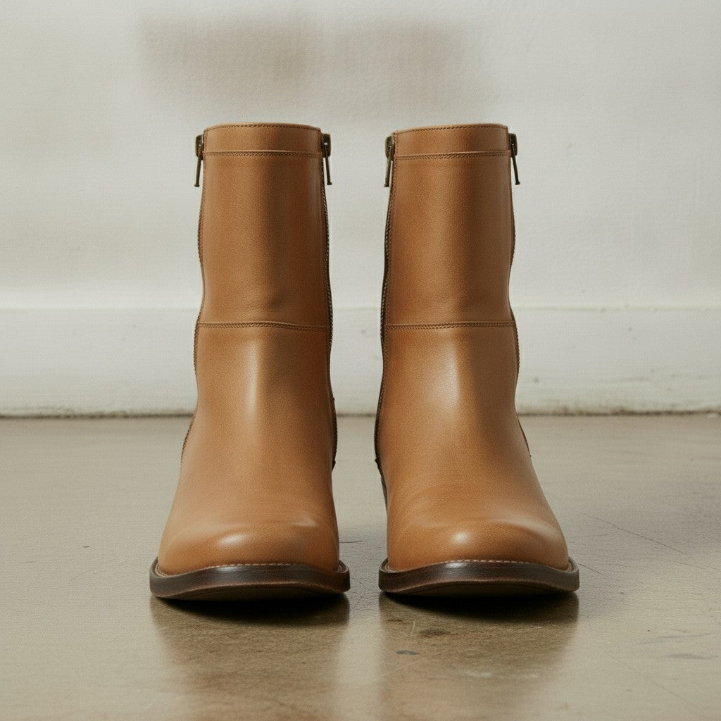 Men's Tan Plain-Toe Leather Biker Boots