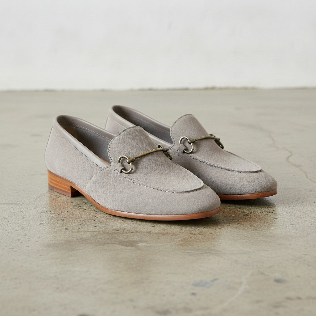 Men's Light Gray Apron-Toe Suede Bit Loafers