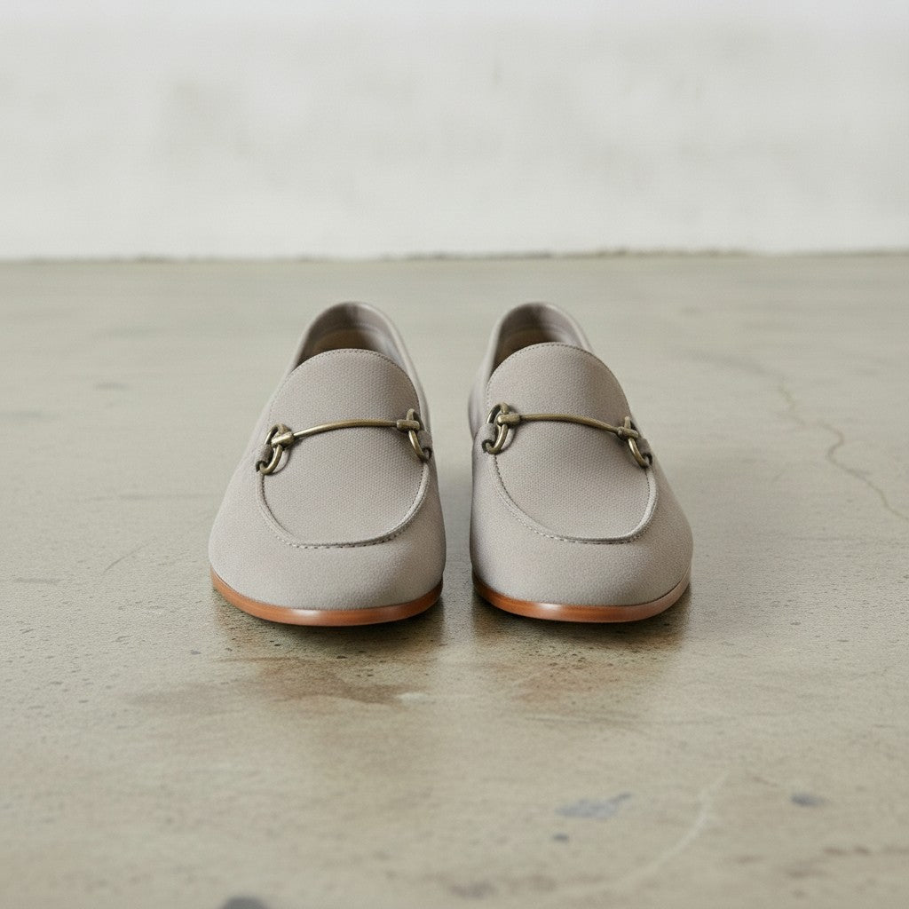 Men's Light Gray Apron-Toe Suede Bit Loafers