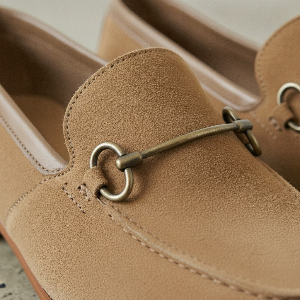 Men's Tan Apron-Toe Suede Bit Loafers