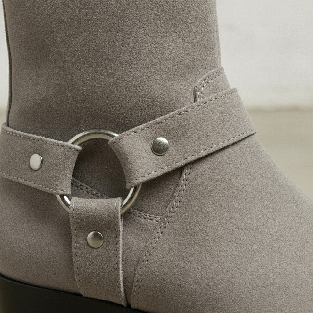 Men's Light Gray Plain-Toe Suede Biker Boots