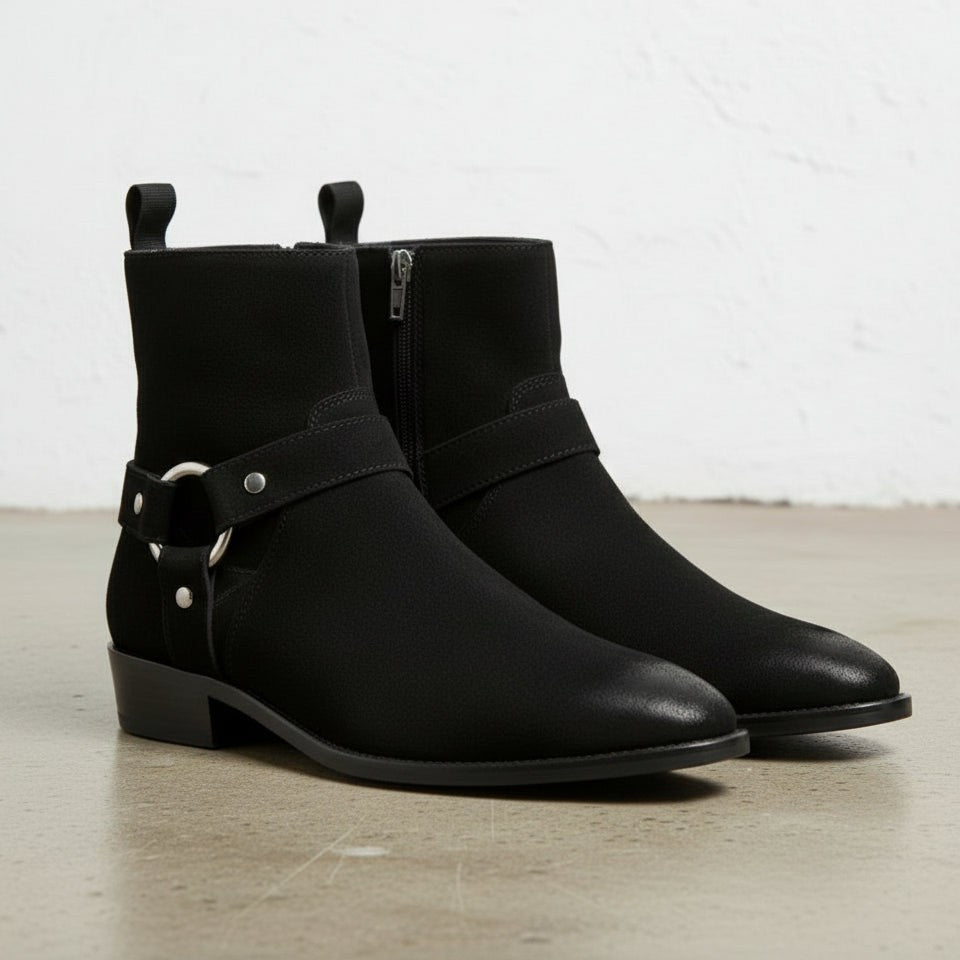 Men's Black Plain-Toe Suede Biker Boots