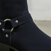 Men's Navy Blue Plain-Toe Suede Biker Boots