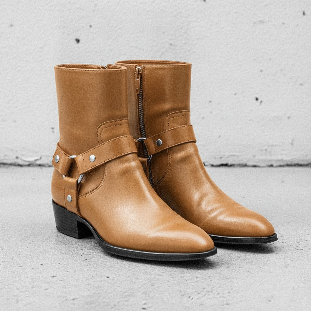 Men's Tan Plain-Toe Leather Biker Boots