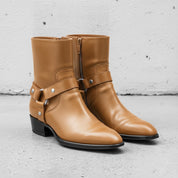 Men's Tan Plain-Toe Leather Biker Boots