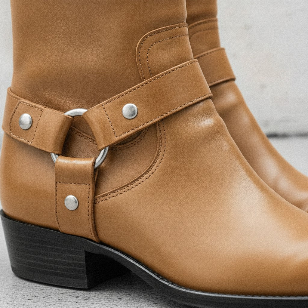 Men's Tan Plain-Toe Leather Biker Boots