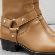 Men's Tan Plain-Toe Leather Biker Boots