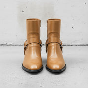 Men's Tan Plain-Toe Leather Biker Boots