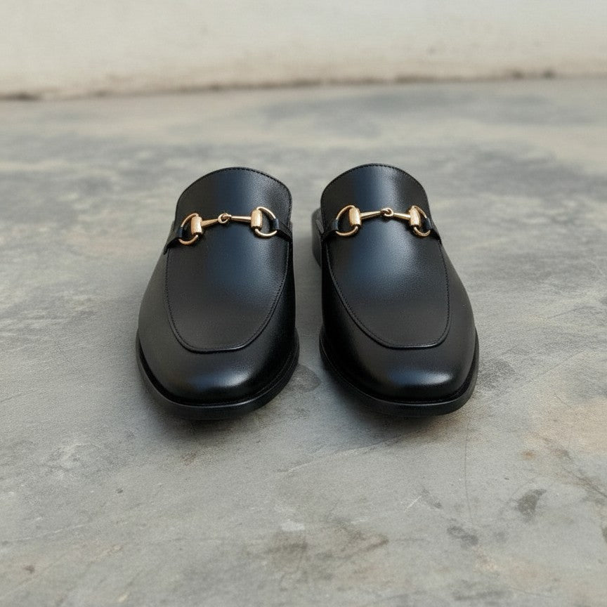 Men's Black Apron-Toe Leather Bit Loafers