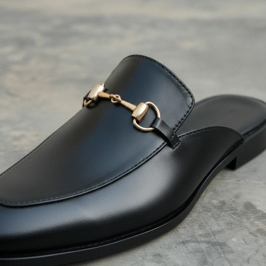 Men's Black Apron-Toe Leather Bit Loafers