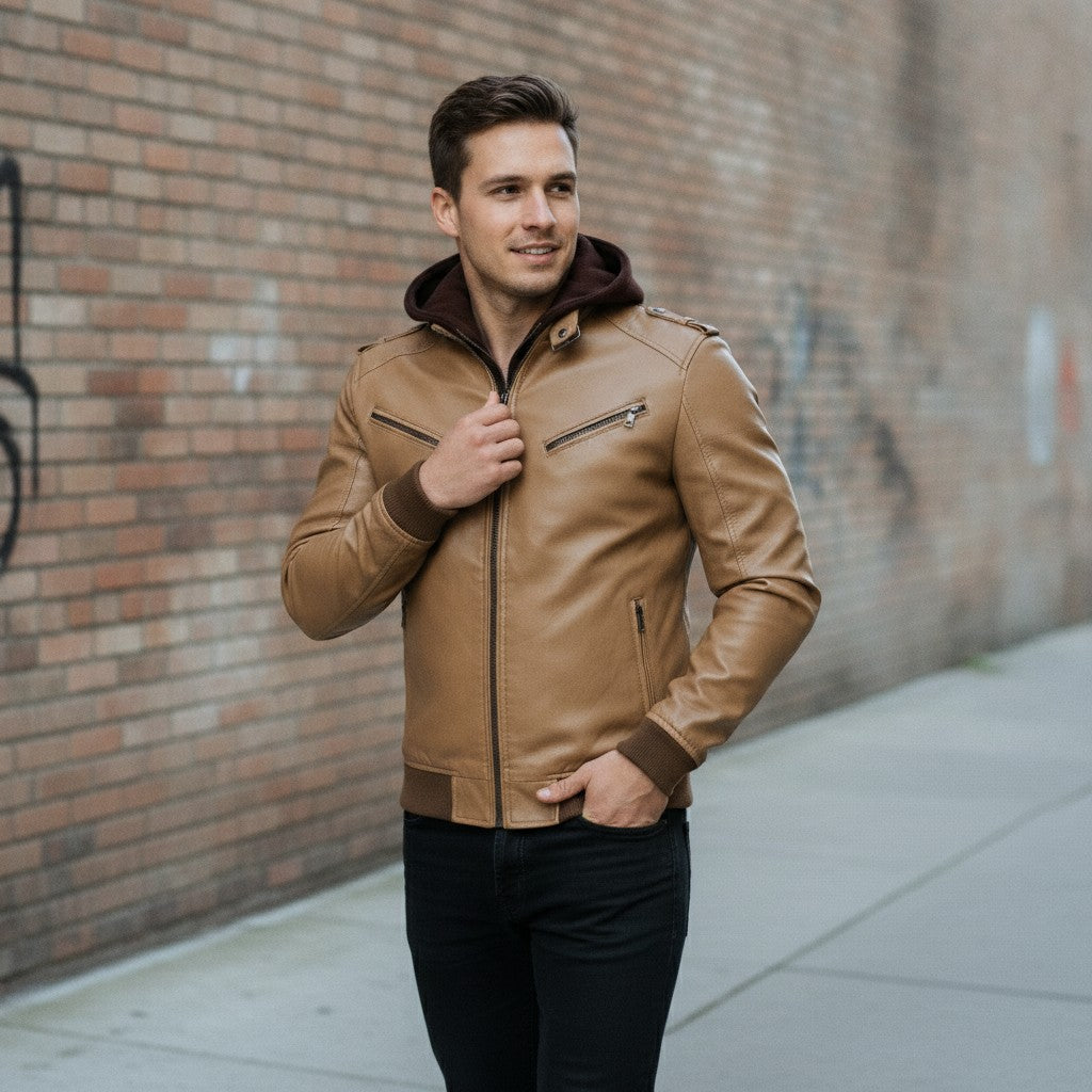 Men's Tan Leather Biker Jacket