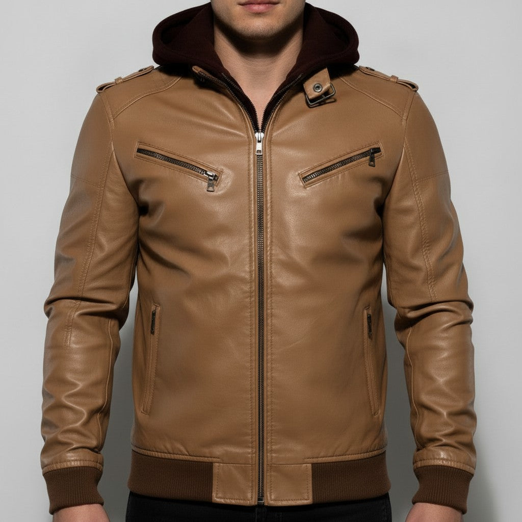 Men's Tan Leather Biker Jacket