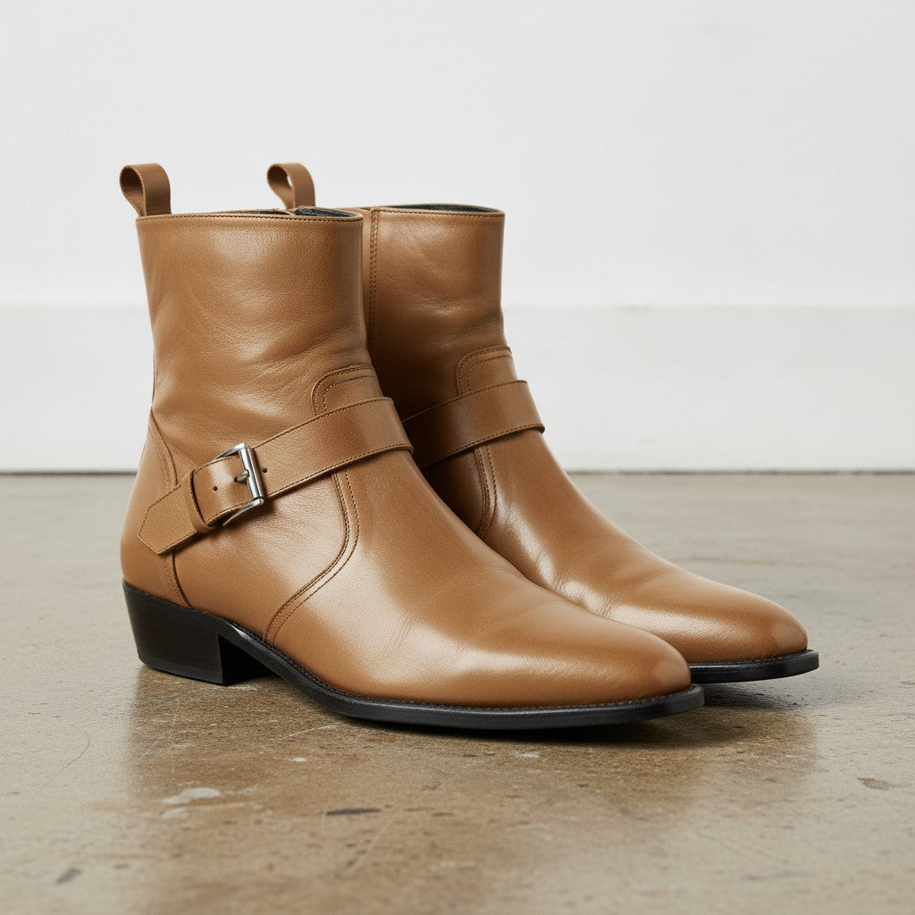 Men's Tan Plain-Toe Leather Biker Boots