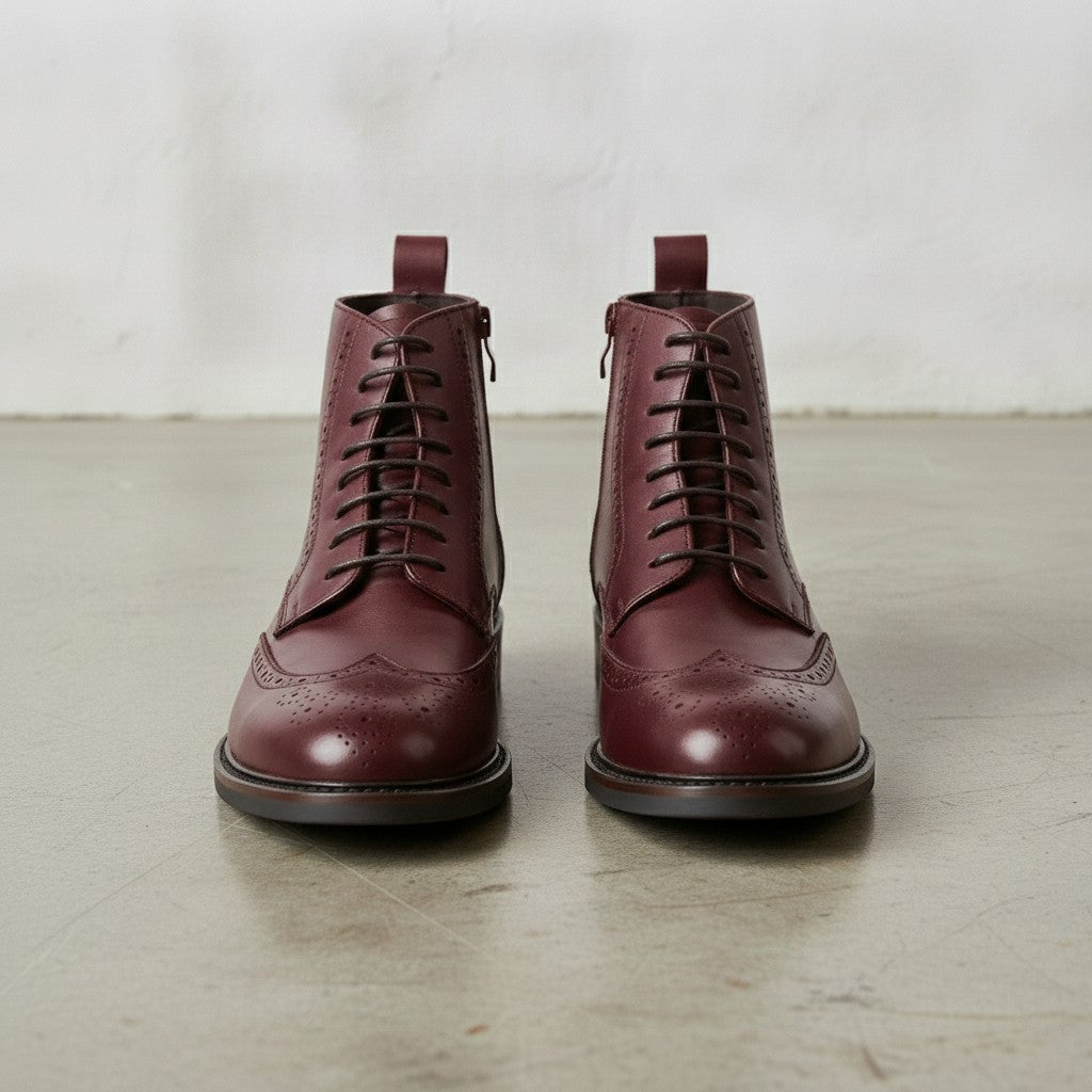 Men's Burgundy Wingtip Leather Derby Boots
