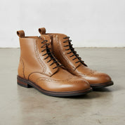 Men's Tan Wingtip Leather Derby Boots