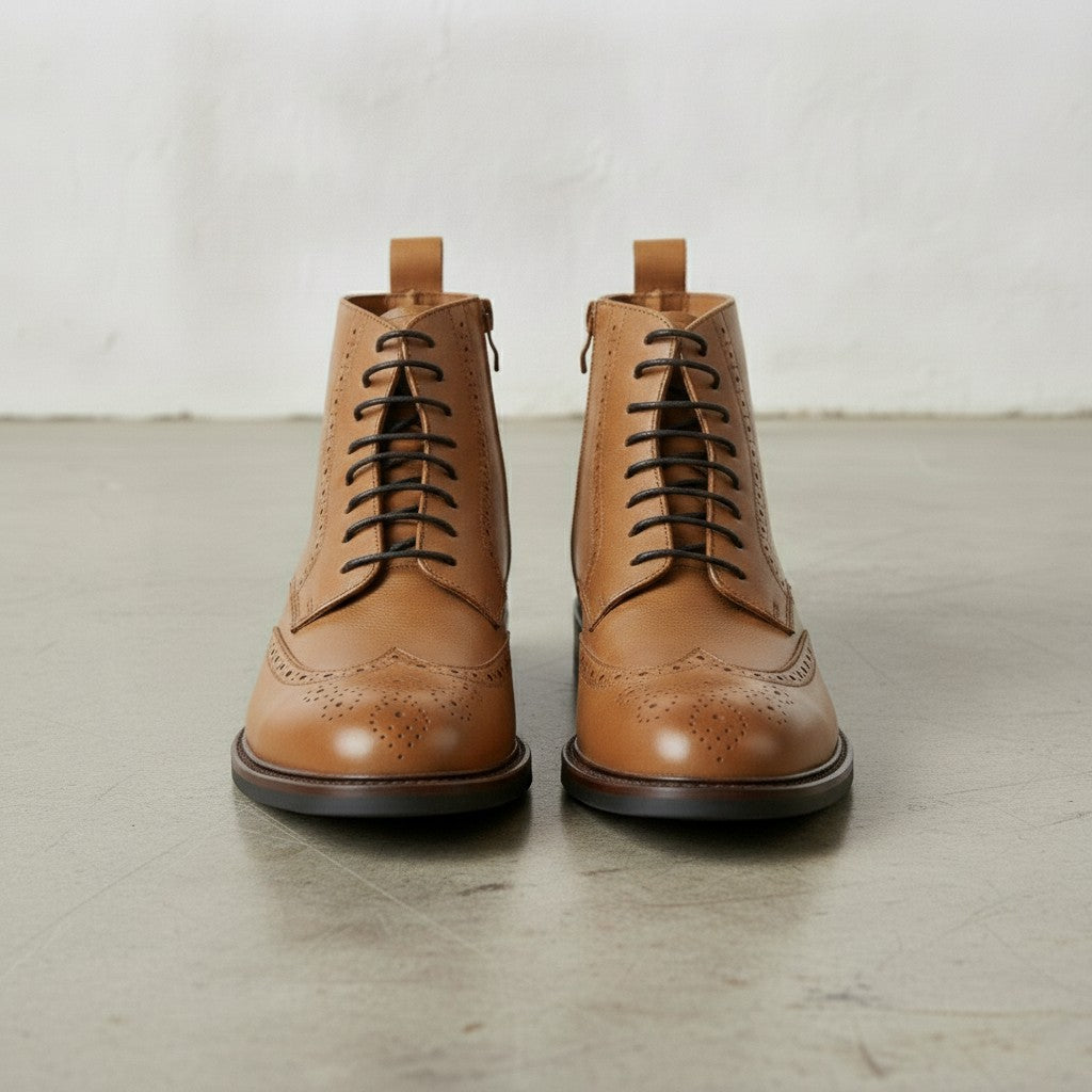 Men's Tan Wingtip Leather Derby Boots