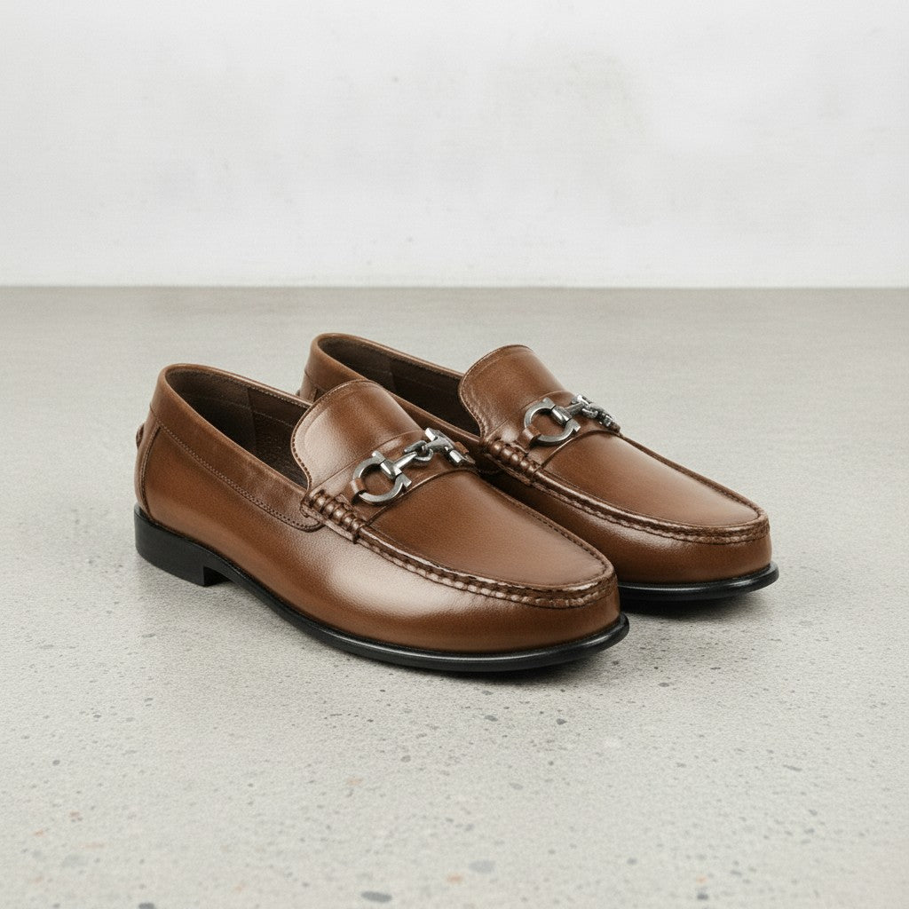 Men's Brown Apron-Toe Leather Bit Loafers