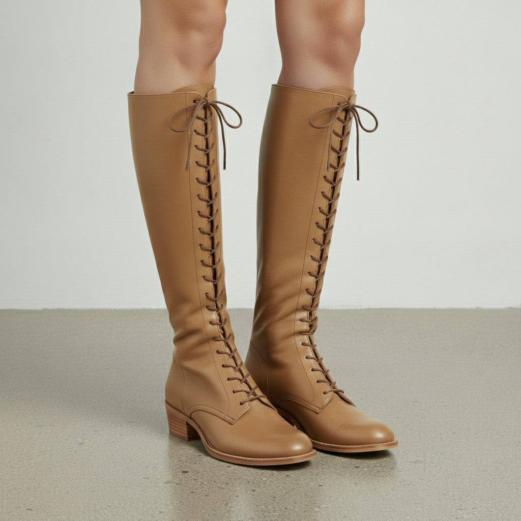 Women's Tan Plain-Toe Lace-Up Leather Knee-High Boots — Dillingham