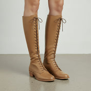 Women's Tan Plain-Toe Lace-Up Leather Knee-High Boots — Dillingham